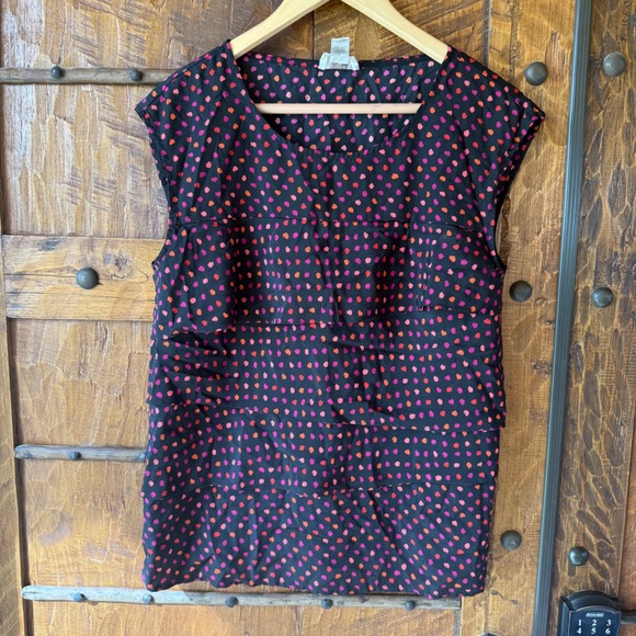 LOFT Tops - LOFT Blouse Womens Medium Black Pink Orange Halloween Ruffle Dot Sleeveless Top